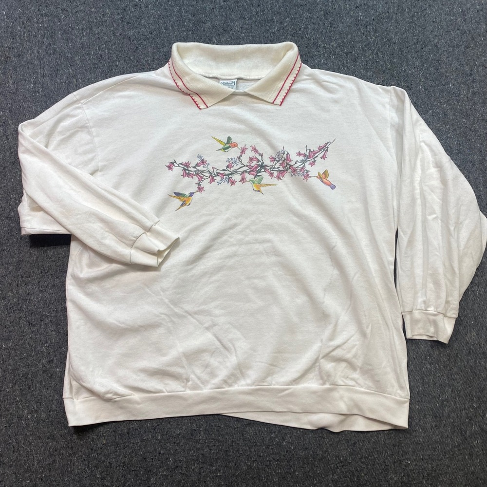 Haband Sweatshirt Sz XL Womens White Hummingbird Floral Graphic Collared Retro